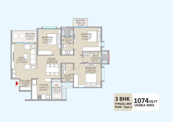 Kolte Patil Little Earth Pune 3BHK Floor Plan