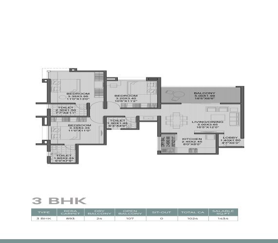 Vision New Ville Wakad 3 BHK Floor Plan