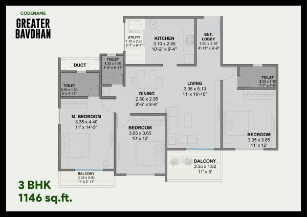 Codename Greater Bavdhan 3 BHK Floor Plan